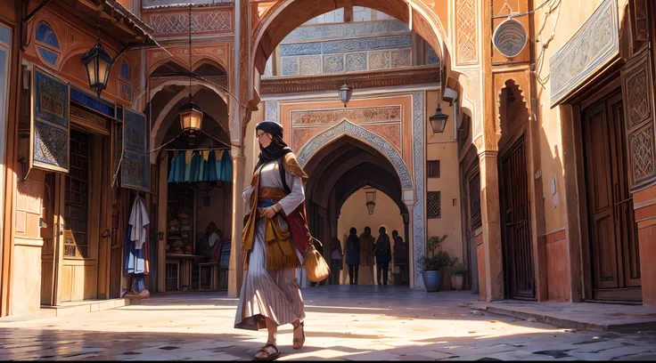 (best quality,4k,8k,highres,masterpiece:1.2),ultra-detailed,(realistic,photorealistic,photo-realistic:1.37),vibrant colors,Moroccan streets,Marrakesh streets,sunny,beautiful detailed arches and doorways,exotic market stalls,bustling crowd,ornate mosaic til...