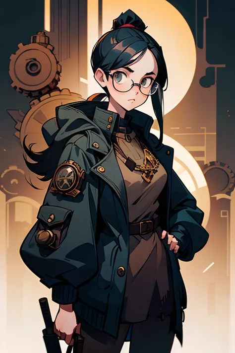 a young woman of medium height with long, straight black hair that is usually tied in a ponytail. She wears thin-rimmed glasses and usually wears dark, practical clothing, including a hooded jacket to hide your identity while youre in action, steampunk