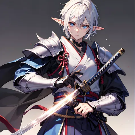 Man,Japanese,Swordman,Katana,Blue eye,elf,blue armor, background