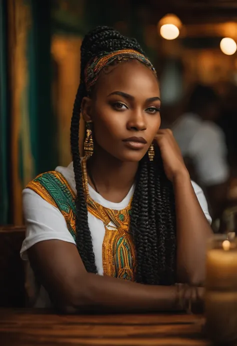 Femme blanche au visage claire et des beau yeux , avec cheveux des cornrows africaine, porter des jean- t-shirt, dans un restaurant africaine