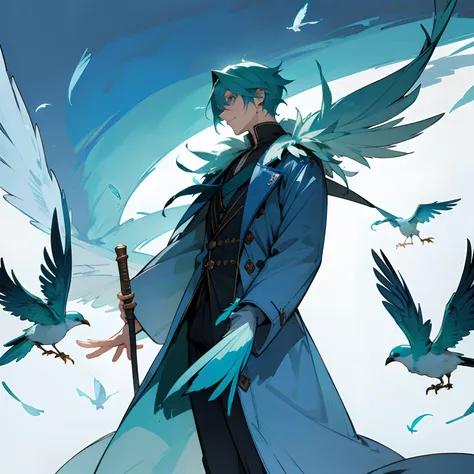 Male, Coat made out of blue color feathers, Green Hair, Bird Tail made out of feathers, Blue Eyes, 510 Height