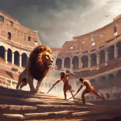 Roman slave fighting a lion in the colosseum