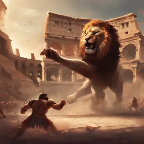 Roman slave fighting a lion in the colosseum