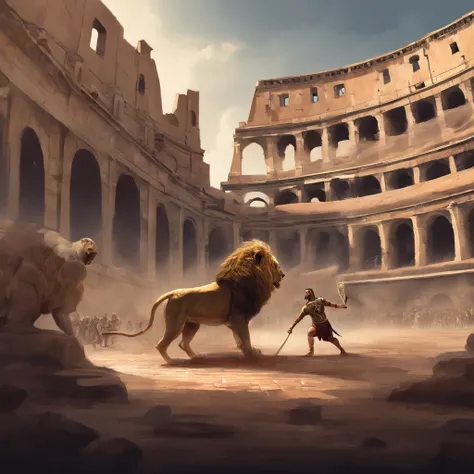 Roman slave fighting a lion in the colosseum