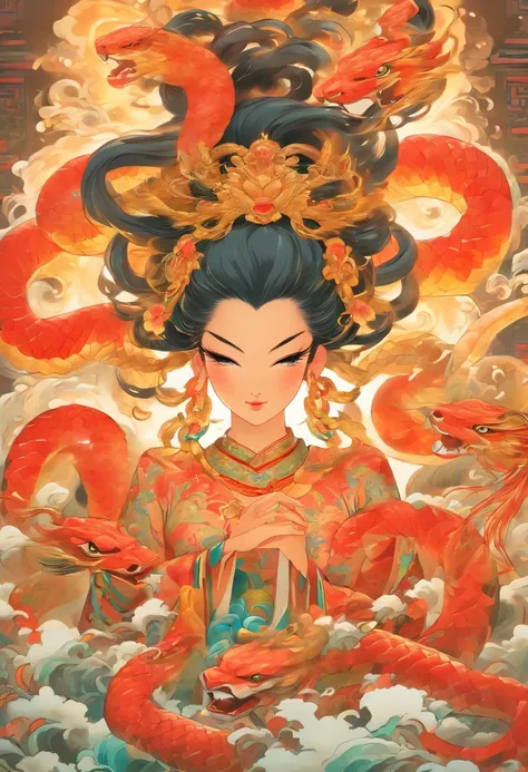 Impressive and detailed representation of Nüwa, Chinese goddess of mythology, with a snakes body and human torso. The image must be created in Chinese painting style, inspired by Shui Mo Hua and Thangka style, capturing traditional Chinese aesthetics. The ...