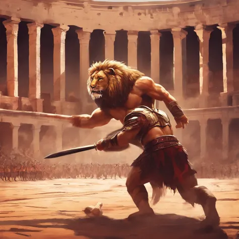 Roman slave fighting a lion in the colosseum