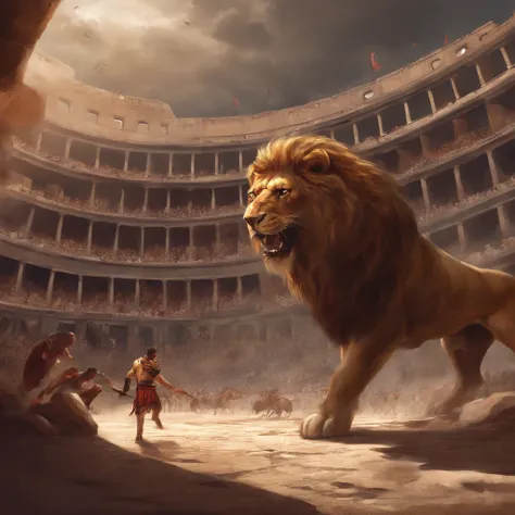 Roman slave fighting a lion in the colosseum