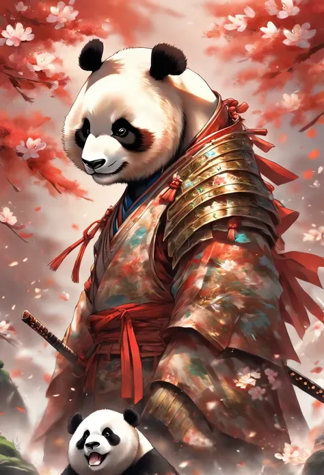 ((((A brave and noble panda boy samurai warrior)))) wearing highly detailed white samurai armor, wearing a sashimono war flag on his back, sengoku period, highly detailed background, cherry blossoms blowing in the wind, perfect masterpiece, high quality, h...