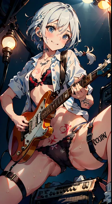 masterpiece, best quality, ultra-detailed, illustration, an extremely delicate and beautiful,high resolution, ultra-detailed,,perfect face,slender perfect body, Tight belly,Toned buttocks,Constricted waist,,(girl plays the guitar:1.7), 15yo,(white hair),(b...