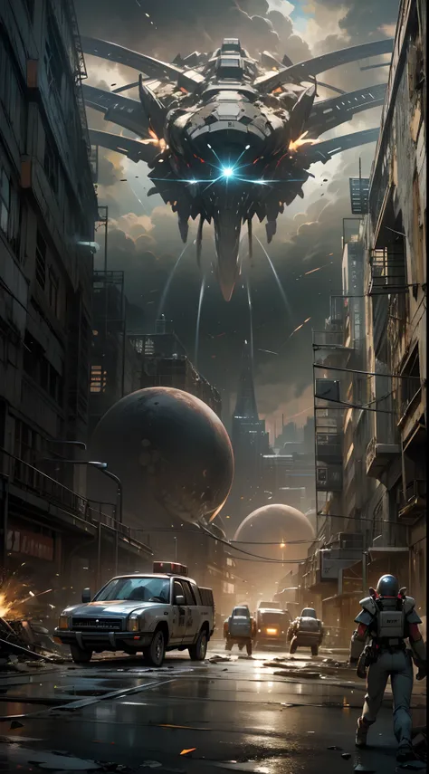 War of the Worlds，Countless fighters，Cockpit perspective，planetes，in fighting，close battle，Crisis，Nervousness，explosions，tragedy，droid，Masterpiece，high-detail，perfect-composition，the golden ratio, "Creepy and intense alien invasion scene with dark atmosphe...