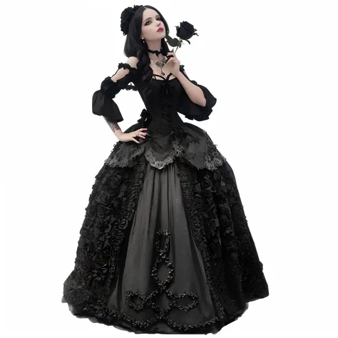 Goth woman in black dress holding a rose in her hand, black rococo, vestido vitoriano preto, gothic regal, intrincado vestido vitoriano, Gothic dress, victorian gothic, victorian gothic, an elegant gothic princess, historical baroque dress dark, goth outfi...