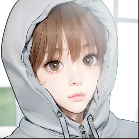 Brown hair, brown eye, boy, white hoodie