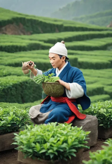 wool plushie art and animation style. A tea farmer working a tea field in ancient China.