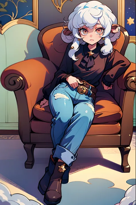 Loli sheep girl,curly hair,(wearing a wool blouse:1.4), ((white eyes):1.3),jeans, black boot, sexy pose, looking at the viewer, in the (star room) sitting in the (armchair/modern) arms propped up on the armchair