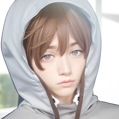 Boy, Brown hair, brown eye,white hoodie