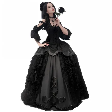 Goth woman in black dress holding a rose in her hand, black rococo, Vestido vitoriano preto, gothic regal, Intrincado Vestido vitoriano, Gothic dress, victorian gothic, victorian gothic, an elegant gothic princess, historical baroque dress dark, goth outfi...