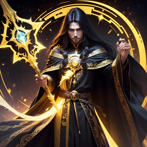 A man, Mage, yellow long hair, Dark fantasy, detailed yellow and black cosmic robe, cosmic staff