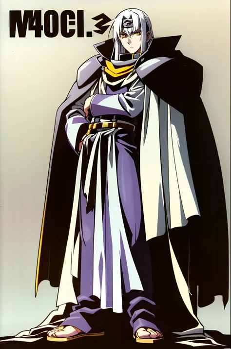 silver hair, long hair, yellow eyes, bandana, militari uniform, cape, tall,scarf, full body, flipflops, 1boy