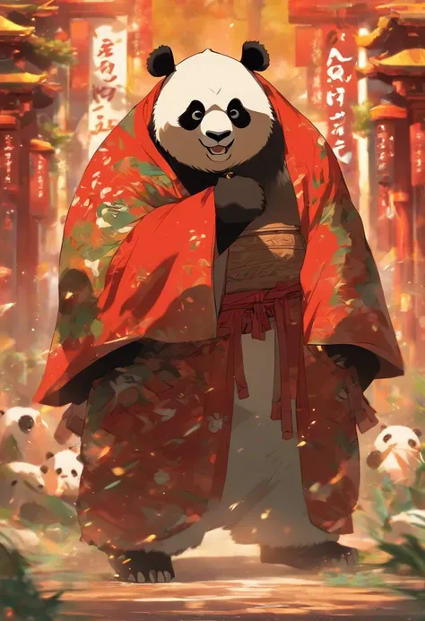 panda, guerreiro, Standing, sozinho, serio, Num templo, Sumo Pose, Estilo deslumbrante