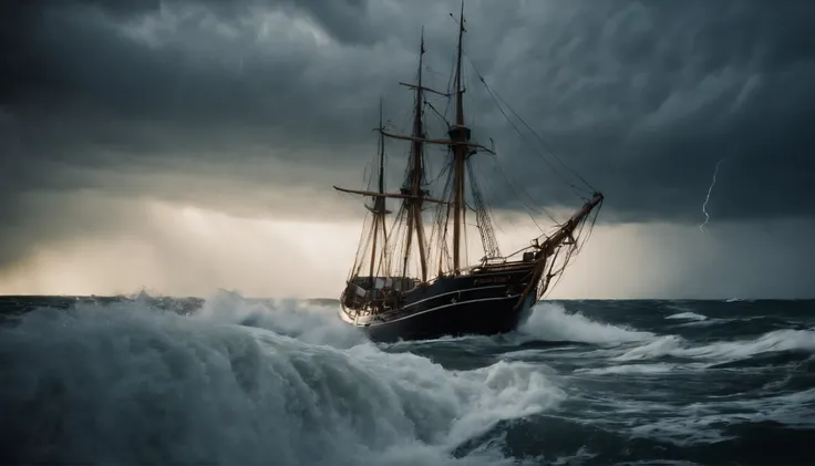 A strong storm in something sea with lots of lightning and thunder, chuva forte, ondas enormes de tempestade com muito vento, A boat from the time of the Old Testament of the Bible sailing with difficulty.