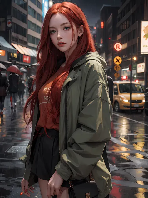 1girl, long red hair, green eyes, rain, city, absurdres, high res, ultrasharp, 8K, masterpiece