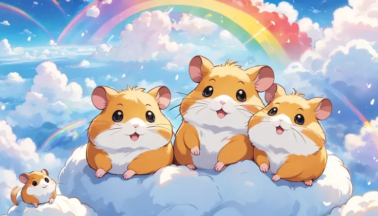 comic strip, Cute and adorable hamsters lying on beautiful fluffy clouds in the sky, On thick clouds such as marshmallows, surrounded by rainbows, Detail enhancement，8K，super-fine，concept-art，number art