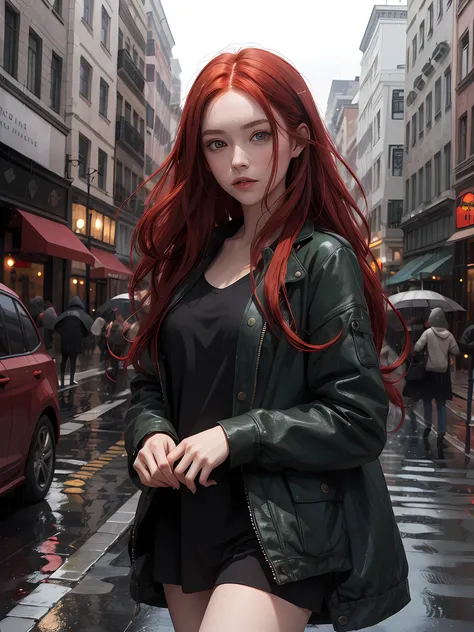 1girl, long red hair, green eyes, rain, city, absurdres, high res, ultrasharp, 8K, masterpiece