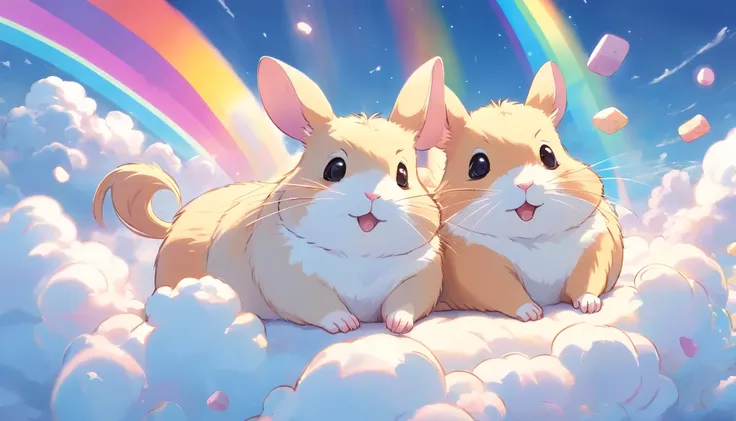 comic strip, Cute and adorable hamsters lying on beautiful fluffy clouds in the sky, On thick clouds such as marshmallows, surrounded by rainbows, Detail enhancement，8K，super-fine，concept-art，number art