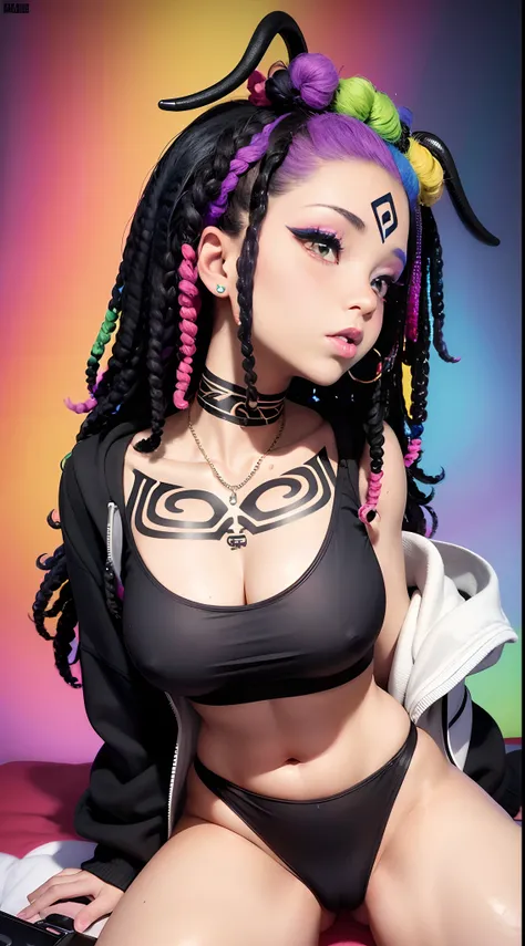 Beautiful Mulatto Girl, Black and Rainbow Hair, Black and Rainbow Makeup, Hip-Hop Girl, Open Hoodie, Curly Afro, , having sex, sideview, reverse position, face, Slender, Rainbow Eyes, Tribal Tattoos, White Background