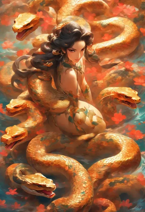 ultra-realistic image, white colors, HD image, Mythology, Snake Woman, snake body, snake tail, Chinese Woman, human, long black hair, (mermaid), (snake tail), scales, the image is clear , Chinese painting style, Shui Mo Hua, Thangka Style, aesthetics, Beau...