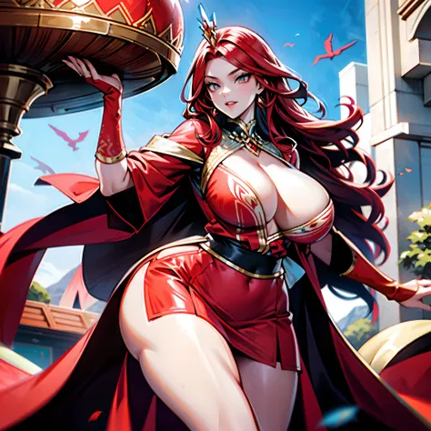 Meet her at the foot of the mountain，She has a coquettish face，One royal sister，Pure red phoenix patterned clothes，Long red hair，High meat，Sexy and hot，Plump breasts stand up，gigantic cleavage breasts，Large areas of milk meat are exposed，Attractive，a pair ...