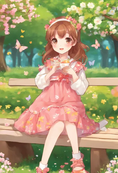 A girl in flowery dresses, brown hair, sitting on a park bench where there are flowers, arvores , People strolling and children playing