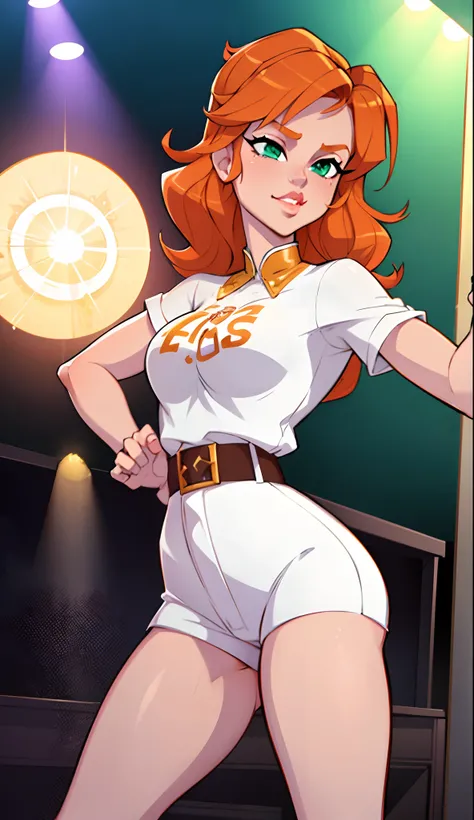 1girl, Best quality, masterpiece, cowboy shot, orange hair, green eyes, tight clothes, kpop idol, stage, wet, white shirt, dancing, sexy, short pants