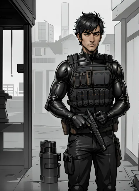 (absurd res, high res, ultra detailed), 1 male, handsome, short hair, best ratio four finger and one thumb, best light and shadow, rainy day, depth of field, (dutch angle), closed mouth, kevlar, bullet proof vest, gun , silencer, standing, holding Glock 16...