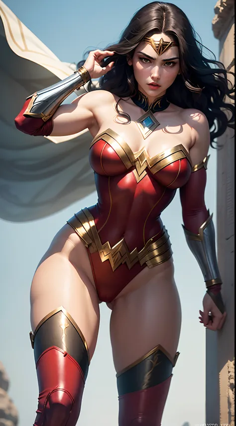 Wonder Woman stands with an air of confidence, her towering stature accentuated by her strong and shapely legs encased in glossy thigh-high stockings. The stockings are a gleaming shade of red, mirroring the fierce passion that lies within her. They hug he...