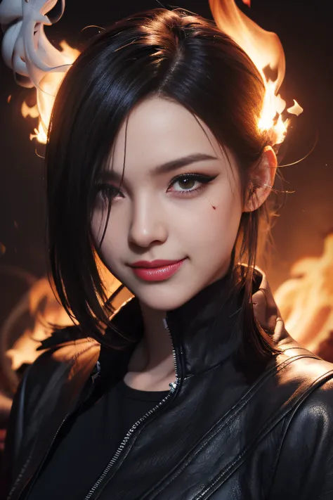 (extremely detailed CG unity 8k wallpaper),(masterpiece), (best quality), (ultra-detailed), (best illustration),(best shadow), (sharp eyeliner, eyeshadow, detailed eyes:1.1), (flames, smoke:1.3), ,BREAK, (vector:1.2), evil smile,