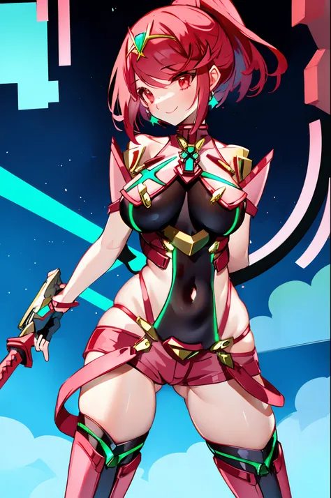 pyra (xenoblade), teen_1girl, loli, bangs, black gloves, breasts, red eyes, shout, earrings, eyelashes, fingerless gloves, floating hair, , gem, gloves, hair ornament, headpiece, jewelry, gigantic_breasts, leaning back, swimsuit, neon trim, official art, p...