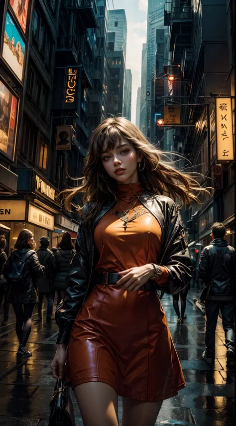 long flowing hair, wearing a vibrant red dress, surrounded by futuristic technology, in a cityscape filled with towering skyscrapers and neon lights, with a sense of wonder and exploration in her eyes, capturing the essence of a modern and technologically ...