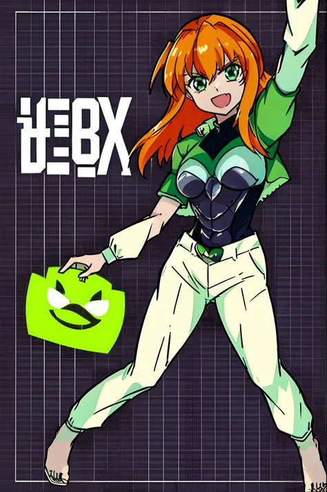 excel, orange hair, smile, fang, open mouth, green eyes,standing, medium breast, pants, pullover, , full body, flipflops, sentai villain costume