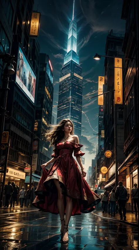 long flowing hair, wearing a vibrant red dress, surrounded by futuristic technology, in a cityscape filled with towering skyscrapers and neon lights, with a sense of wonder and exploration in her eyes, capturing the essence of a modern and technologically ...