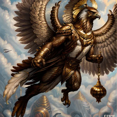 Brown feathers, gold feathers, angel wings, feathered wings, eagle, feathered body, muscular body, avian, Bad guy, looking at the viewer, presenting , nsfw, anthropomorphic furry, eagle, holding penis, erection, balls, testicles, brown tail, bird tail, fea...