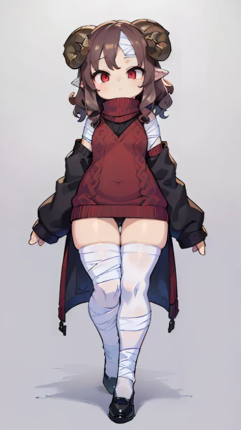 ((Full body):1.5),((9-year-old girl /with sheeps horns):1.5), bulging hips,((brown curly hair):1.2),((bandaged arms and legs):1.4)(wearing an isekai white wool sweater:1.4),(black shoes:1.5) ((red eyes):1.3), looking at the viewer, on a ((single background...