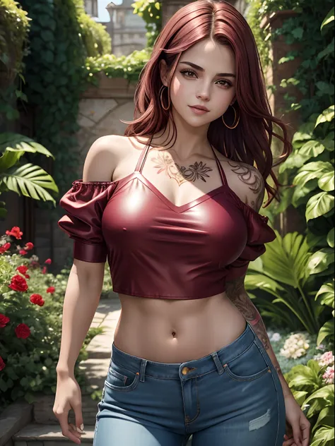 (huge Laughing:0.5), (open mouth:0.3), (wide open eyes:1.2) masterpiece,high quality,4k , ((Selena Gomez:Emma Watson:0.8)), light maroon hair,bare shoulder,belly, heavy Tattoos on the belly and Arms, wearing Goggles, metallic red crop top with open transpa...