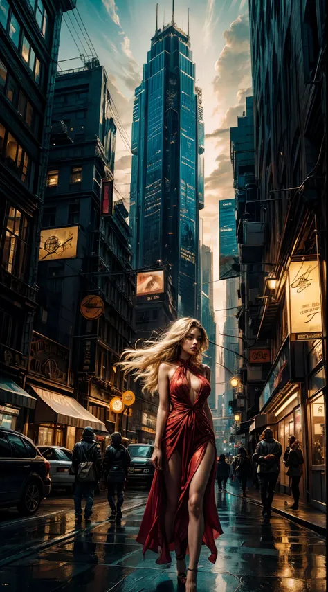 long flowing hair, wearing a vibrant red dress, surrounded by futuristic technology, in a cityscape filled with towering skyscrapers and neon lights, with a sense of wonder and exploration in her eyes, capturing the essence of a modern and technologically ...