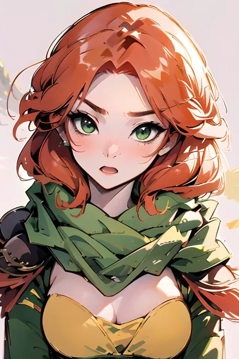 -original,Windranger anime style, 1girl, solo, jewelry, long hair, earrings, white background, looking at viewer, open mouth, simple background, scarf, green scarf, blush, red hair, portrait