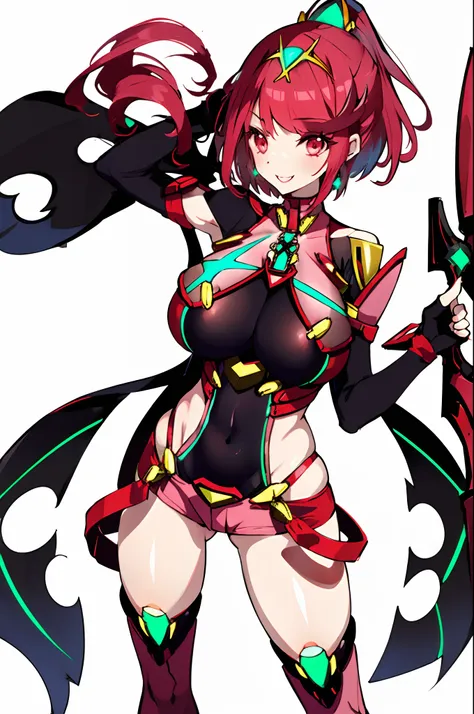 pyra (xenoblade), teen_1girl, loli, bangs, black gloves, breasts, red eyes, shout, earrings, eyelashes, fingerless gloves, floating hair, , gem, gloves, hair ornament, headpiece, jewelry, gigantic_breasts, leaning back, swimsuit, neon trim, official art, p...