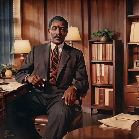 1968 old photography of a 56-year-old black male professor with a chevron moustache,wearing a suit and tie,posing while seated in an office,with a wall of bookshelves behind him,old-fashioned desk with papers on it,antique desk lamp,classic wooden chair,st...