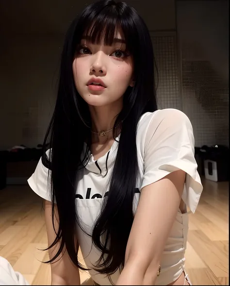 Araffe asian woman with long black hair sitting on a wooden floor, Ela tem cabelo preto como franja, cabelo comprido como uma tira completa, cabelos longos como franja, cabelo preto longo como franja, Franja reta longa, cabelo blackbangs cabelo, como franj...