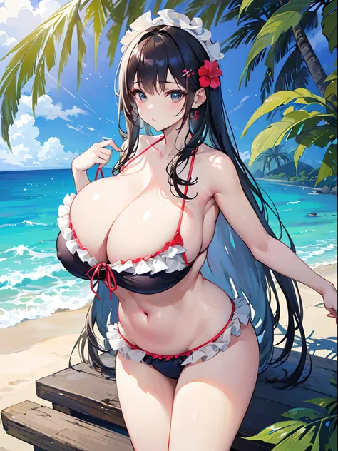 mature woman with (((huge breasts))) and long hair wearing a ((((frilled bikini)))), on the beach with a flower hair ornament, ((((tropical setting)))), ((((frills))))