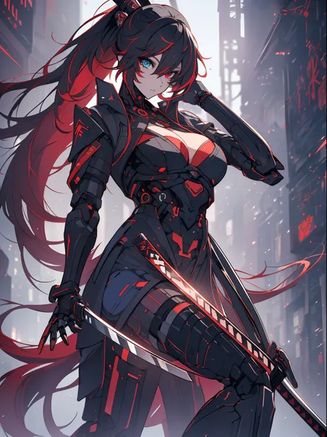 (best quality, masterpiece, anime) (solo) (black hair with red and white highlights:1.2, very long hair, single ponytail), (heterochromia_eyes_red_and_blue:1.4), thick thighs, huge breasts, muscular, athletic, (cyborg:1.4), (robot arms:1.2), (robot legs:1....